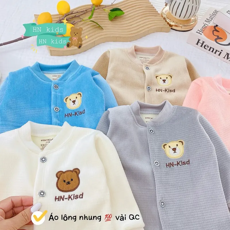 Áo Khoác Nỉ Nhung Cổ Tàu Dày Dặn Lót Lông Ấm Mềm Mịn HN Cho Bé Trai Bé Gái 3Kg~ 14Kg Mặc Mùa Đông - Voi, Len 2