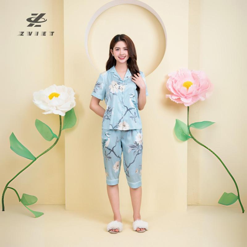 Đồ bộ PIJAMA mẫu lửng-áo ngắn tay. Chất liệu vải Lụa Hàn mềm mịn thoáng mát,kiểu dáng thanh lịch, trẻ trung ZViet Women Nữ Voi Quần Ngủ Nho Áo Ngủ dobo tay ngan 4