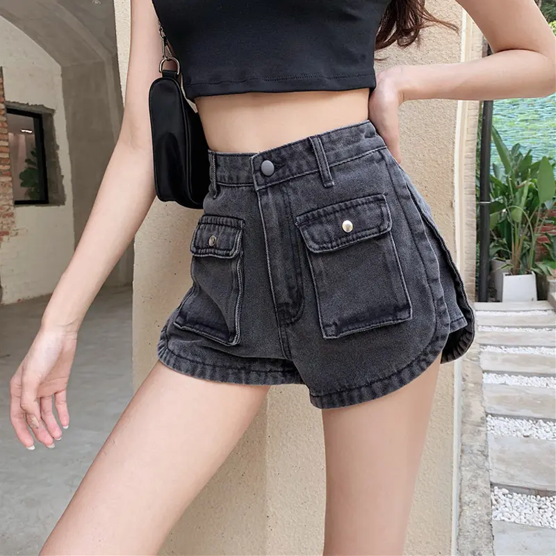 Quần Short Denim, Cạp Cao Cho Nữ, Dáng Ôm, Có Túi, Quần Short Nóng Bỏng, Màu Xám, Dáng Rộng, Quần Short Chữ A Ống Rộng, Mỏng, Phong Cách Bảo Hộ Lao Động Cổ Điển BERRMY Hàn Quốc Women Jean Lưng Cao Pants Màu Đen