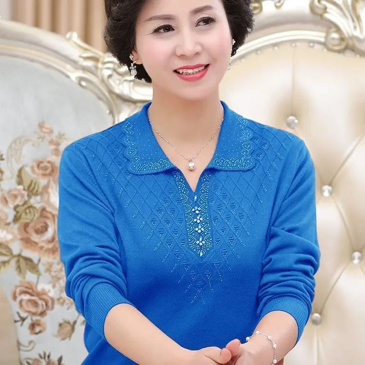 Áo Len Dài Tay, Dáng Rộng Vừa Vặn, Ve Áo, Cơ Sở, Dành Cho Quần Áo Nữ Mùa Xuân Và Mùa Thu Mới, Màu Trơn Dệt Kim, Thích Hợp Cho Mẹ TRUNG NIÊN, Áo Trên 5