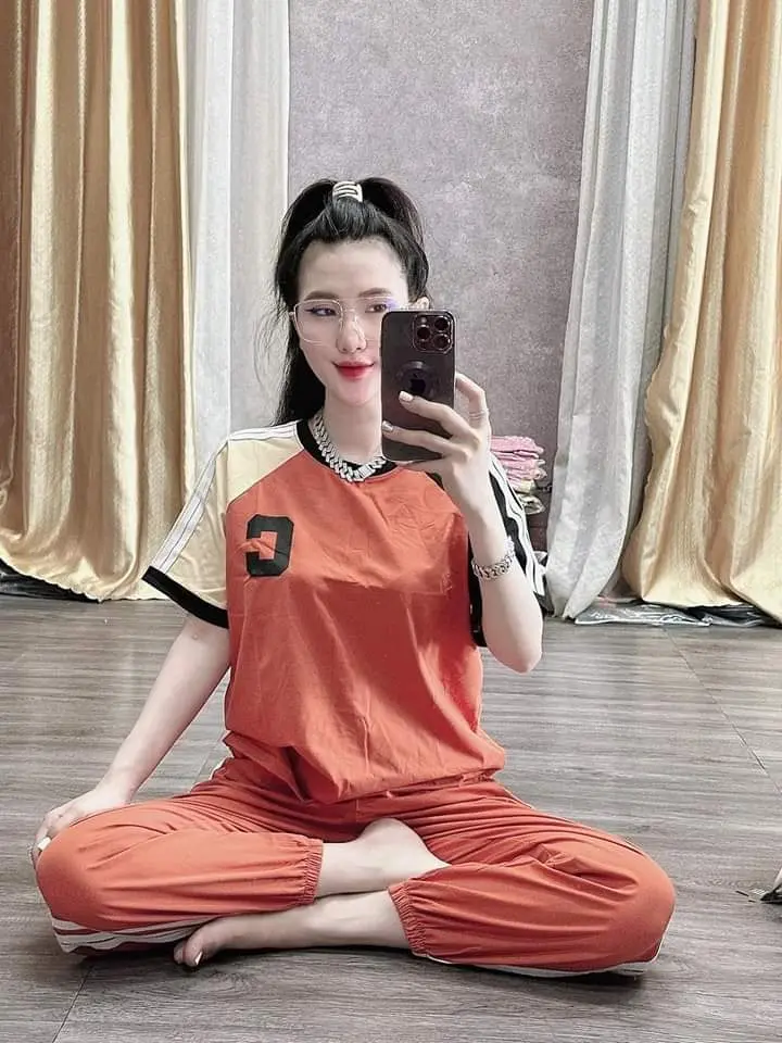 Set Đồ Bộ Nữ Cotton Quần Dài Bo Chun - Dáng Thể Thao Xinh Nữ Women   Cam Áo Top