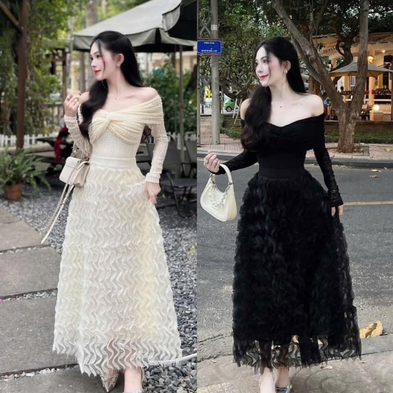 Sét áo ren xoắn trễ vai cv dài AL4344