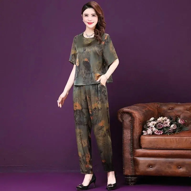Bộ Đồ Quần Harem Nữ, Hàng Mới Về Mùa Hè, Sợi Xiangyun Giả, Chất Liệu Lụa Nặng Giả, Bộ Đồ Hai Mảnh Cho Mẹ TRUNG NIÊN 7