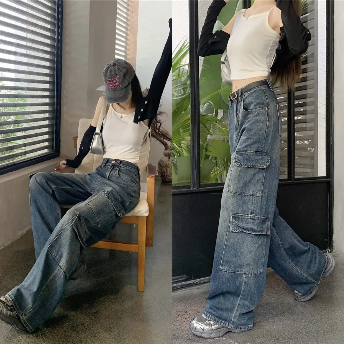 Women's cargo pants vintage high waist long pants Street high waist #23149