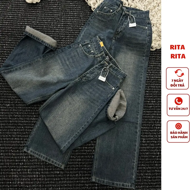 (RITA JEAN)A1 Quần Jean Nữ Ống Rộng Lưng Cao Trơn QC Mềm Lai Cuốn Màu Xanh Dài 104cm Rita Pants Women Denim 0