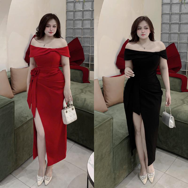 Product Introduction of Đầm Tiệc Bigsize Bẹt Vai Xẻ Tà Nhún Eo Kèm Tag Hoa Chất Liệu Tuyết Mưa Đủ Size Từ 60-90 Ký Nữ Women Dress Set Váy Thường Mặc Váy Dự Tiệc 2