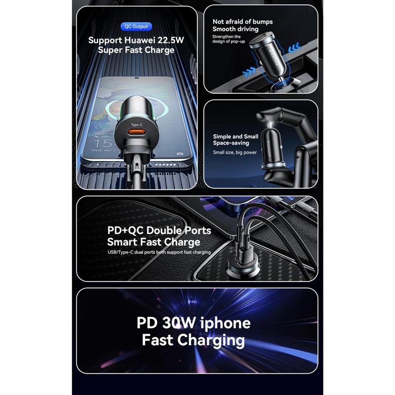 Bộ sạc ô tô mini USB A Type-C, Essager PD30W, Sạc nhanh, Sạc nhanh, Tương thích với iPhone, Huawei, Samsung, Type C PD QC 3.0, Thích hợp cho điện thoại di động, SUV, Bộ sạc ô tô 8