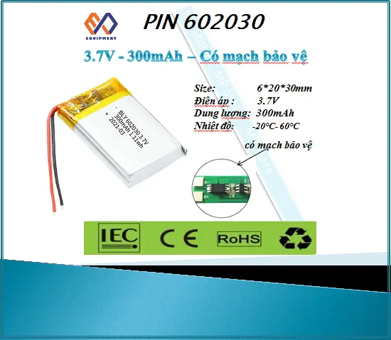 Pin sạc Lithium LiPo  602030 3.7V 300mah Tai Nghe Loa Mp3 MP4