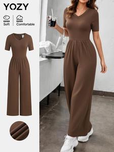 YOZY Women's Solid V Neck Ribbed Jumpsuit, Casual Short Sleeve Jumpsuit for Daily Wear, Ladies Clothes for All Seasons