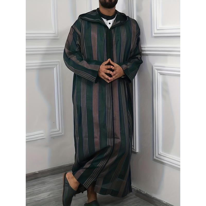 Men's Striped Hooded Long Robe - Casual Polyester Thobe with Zipper Detail, Machine Washable - Perfect for Spring/Fall 0
