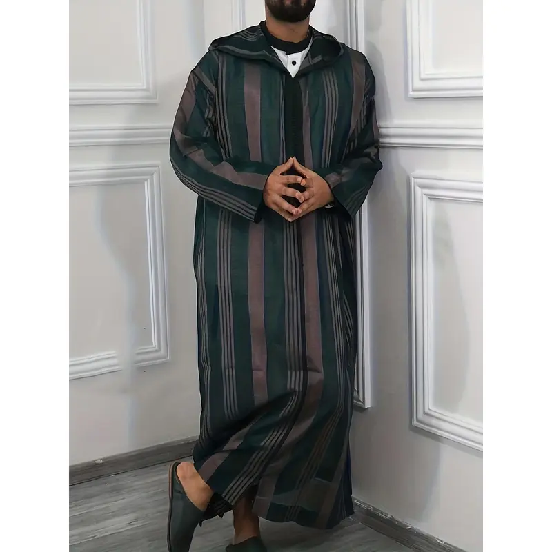 Men's Striped Hooded Long Robe - Casual Polyester Thobe with Zipper Detail, Machine Washable - Perfect for Spring/Fall 0