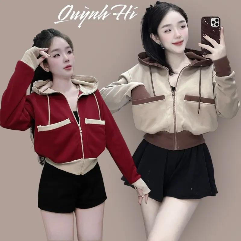 QH DESIGN | Áo Khoác Pc Cotton Phối Thun Gân Mẫu Mới, 6 Túi Form Lửng Nón To By Quỳnh Hí Store