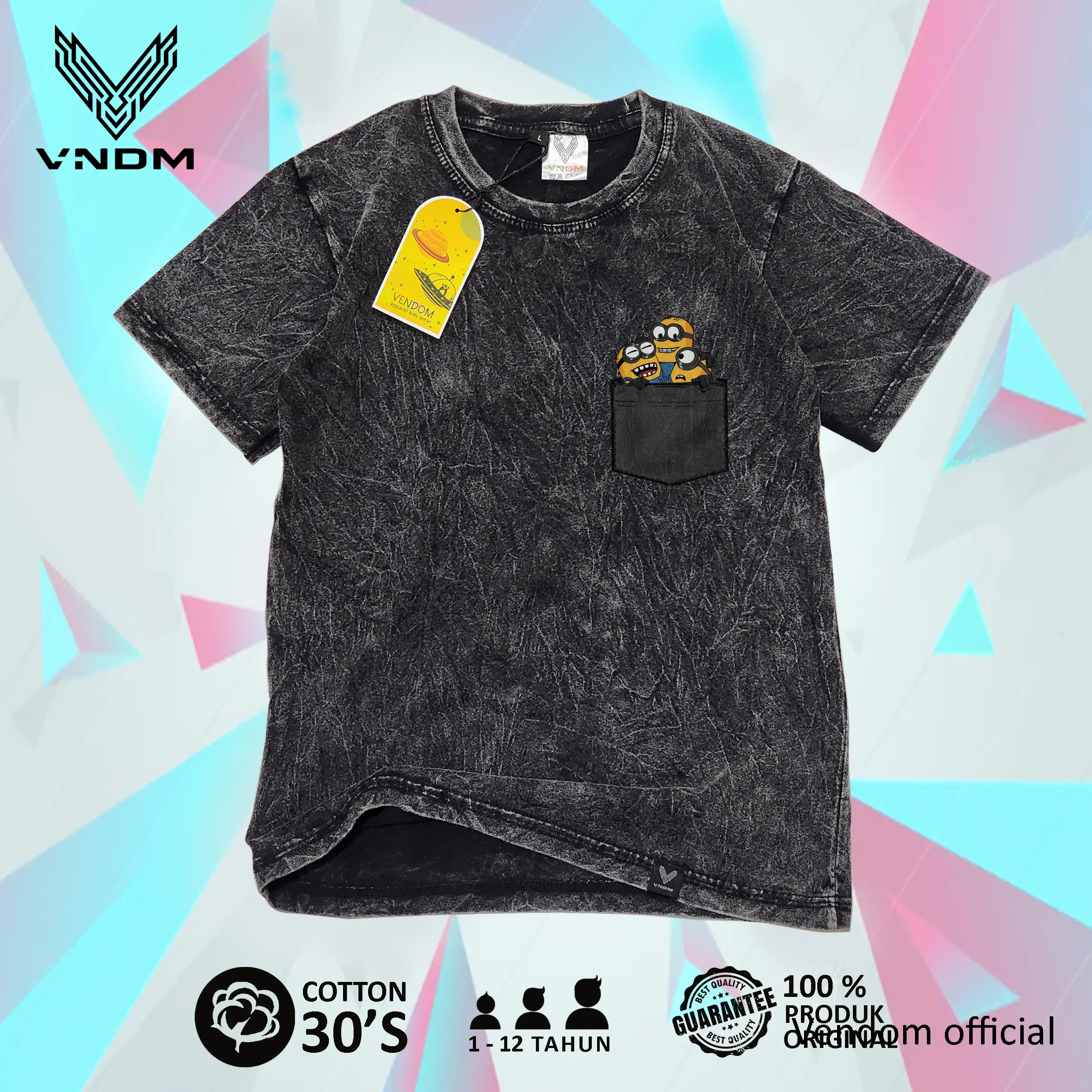 Vendom Kids Baju Kaos Anak Washet Laki Laki / Perempuan Unisex Umur 1-12 Tahun Bahan Cotton 30S Katun Laki-Laki Distro Cewek