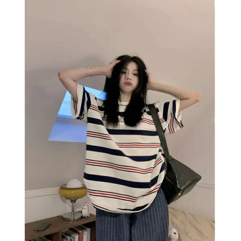 American Striped Short Sleeve T-shirt for Women 2024 New Summer Loose and Lazy Style Half Sleeve Student Versatile Top T-shirt