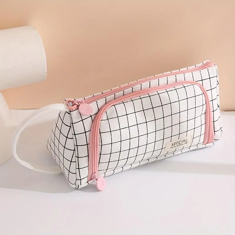 Canvas Triangle Pencil Case, Large Capacity Portable Side-opening Multifunctional Pencil Case, Stationery Storage Bag for Office School Student