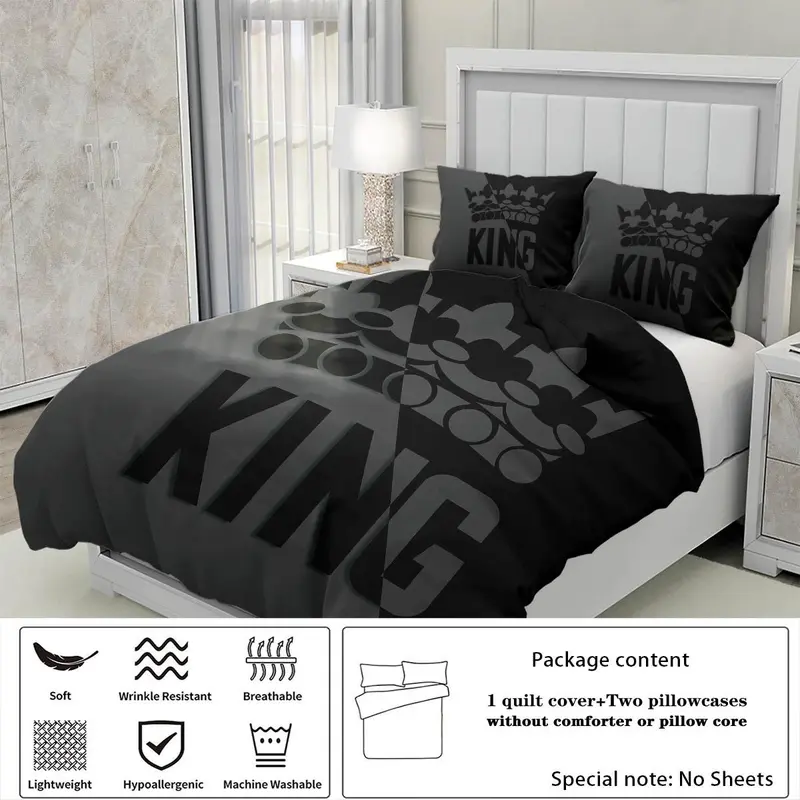 Crown Letter Print Bedding Set, 3 Counts/set Including 1 Duvet Cover & 2 Pillowcase, Soft Comfortable Bedding Set for Home Bedroom 4
