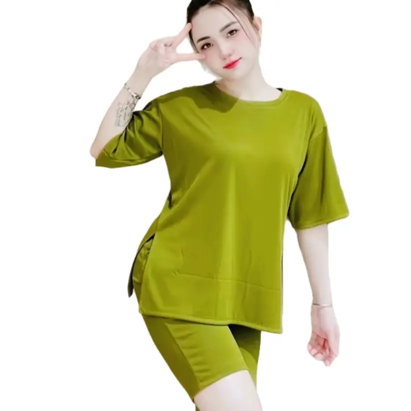 Đồ Bộ Nữ Vải Thun Tăm Lạnh Áo Xẻ Lai Phom Rộng Thoáng Mát Top Women dobo Nhung Voi Kem choba set dothun lanh bay bo