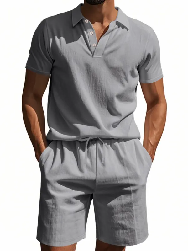 Two-Piece Set Men's Solid Short Sleeve Polo Shirt & Shorts, Regular Fit Casual Fashion Cozy Breathable Men Two-piece for Summer, Men's Clothes for Daily Wear 2