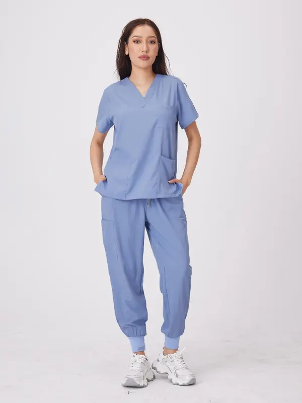 Women's Solid Color V Neck Pocket Top & Pants Workwear Set, Casual Comfy Breathable Two-piece Set for Daily Wear, Women's Workwear for All Seasons 2