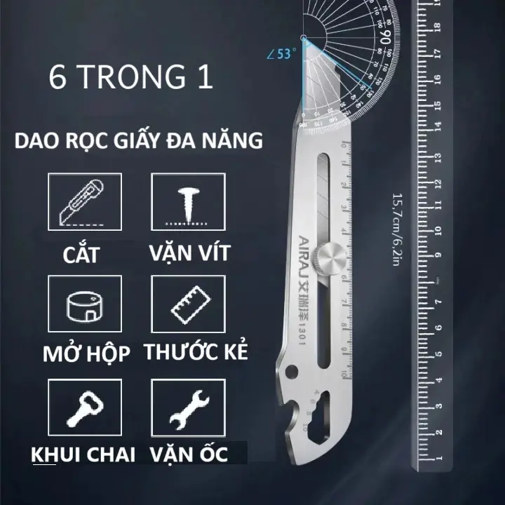 Dao Rọc Giấy Đa Năng 6 Trong 1, Dụng Cụ Cắt Giấy Bằng Thép Dày Không Gỉ Có Thước Đo, Vặn Ốc, Vít, Khui Hộp