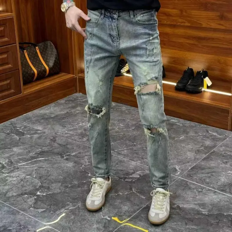 Quần Jean Rách, Dành Cho Nam Giới, Mỏng Vừa Vặn, Kiểu Mỏng, Thiết Kế Mới Mùa Xuân Và Mùa Hè 2024, Co Giãn, Quần Người Ăn Xin Làm Cũ, Có Rách 2