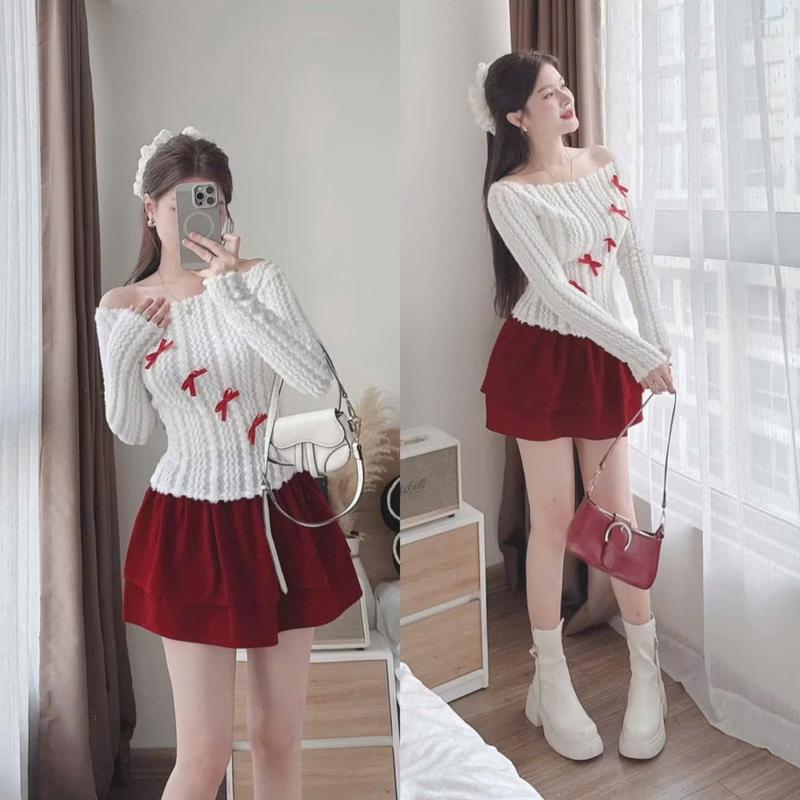  SET ÁO LEN LÔNG ĐÍNH NƠ CHÉO MIX CHÂN VÁY NHUNG 