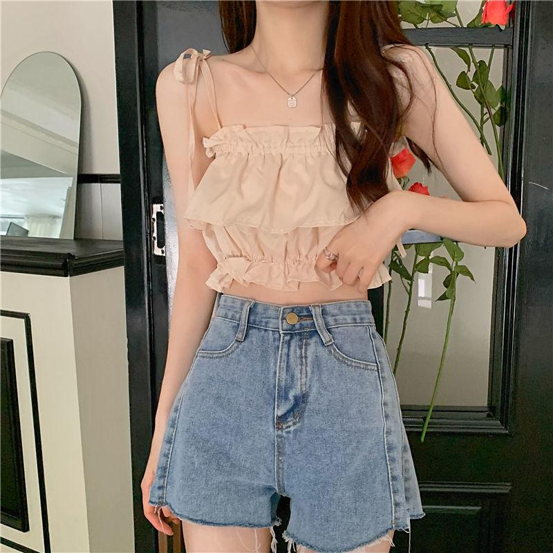 Product Introduction of Women's 2023 New Summer Tank Top with Ruffle Edge Strap Top High Waist Sleeveless Bra and Open Umbilical Top Womenswear Tube Lingerie Comfort Basic Minimalist Spaghetti Strap 15