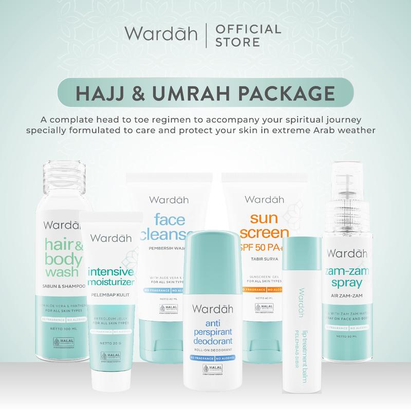 Wardah Umrah & Hajj Package - Paket Haji dan Umroh - Hair and Body Wash, Face Cleanser, Sunscreen SPF 50 PA+++ , Anti Perspirant Deodorant, Moisturizer, Lip Treatment Balm, ZamZam Water Spray 3