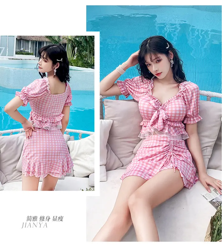 M71 Bộ đồ bơi nữ 2 chi tiết vải thun đẹp họa tiết kẻ caro phối ren có đệm lót 2
