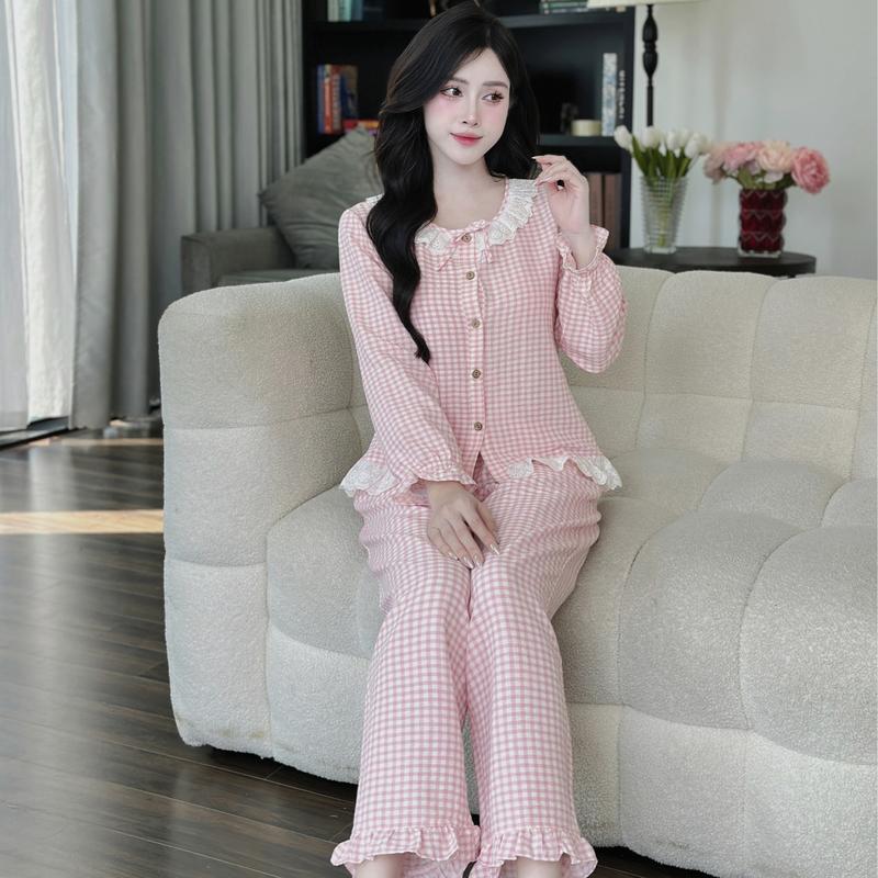 JANE STORE Bộ Đồ Mặc Nhà Đũi Mềm DH60 - Set Đồ Áo Nữ Kẻ Buộc Dây Nơ Phối Ren