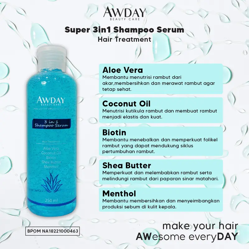 Awday 3in1 Shampoo Serum Hair Treatment BPOM HALAL awday  biru 0