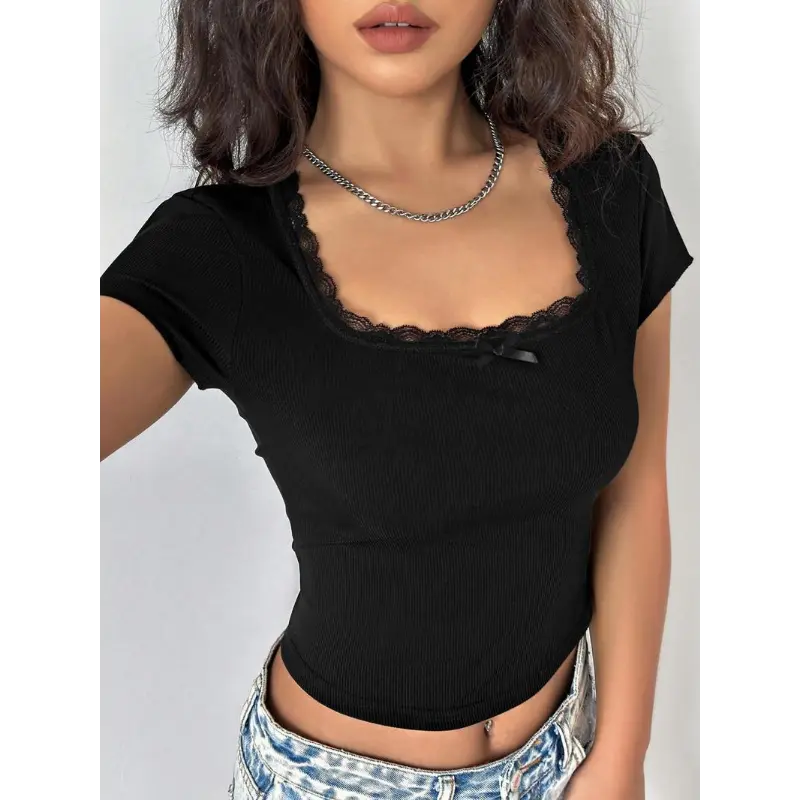 Product Introduction of Women's Plain Lace Trim Ribbed Crop Tee, Casual Short Sleeve T-shirt for Summer, Ladies Clothes for Daily Wear 2