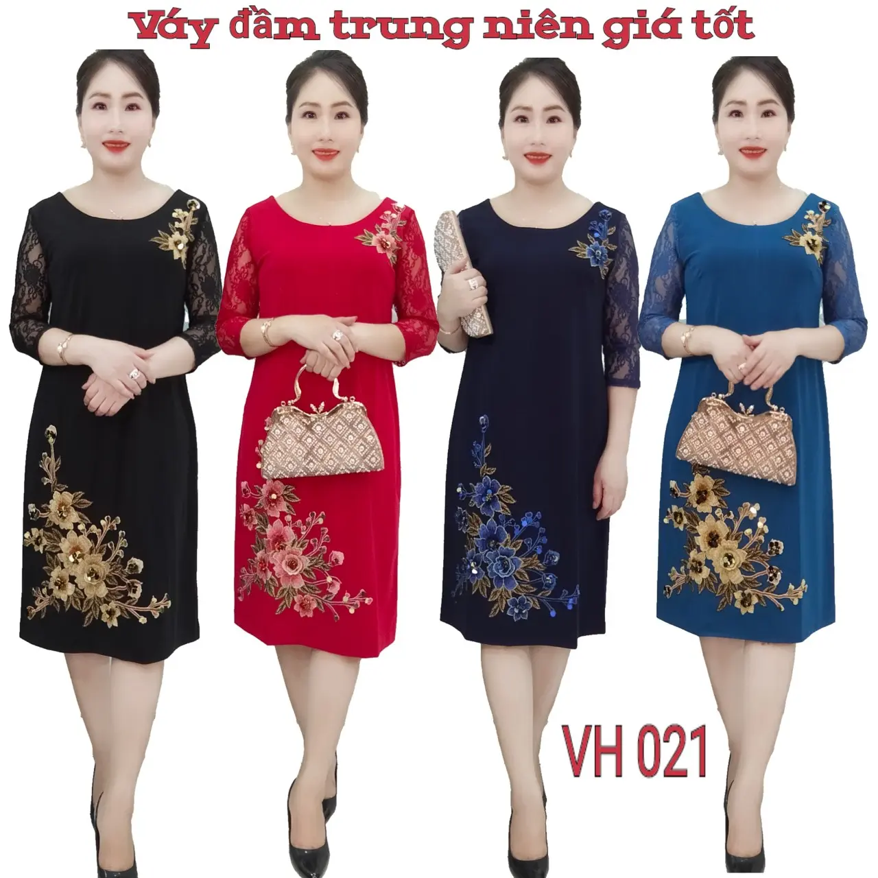 Váy đầm trung niên VH021 phối thêu hoa trân đính pha lê tay zen nỡ ,FOM SUÔNG A ,sang chảnh phù hợp với tuổi trung niên ,Váy chữ A Nữ Dress Voan Women Voi thun umi