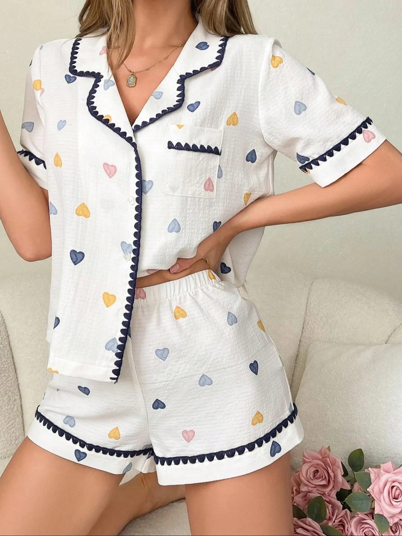 Two-Piece Set Women's Heart Print Contrast Binding Lapel Shirt & Elastic Waist Shorts Pajama, Casual Comfy Short Sleeve Pocket Top & Shorts PJ Set, Ladies Summer Sleepwear