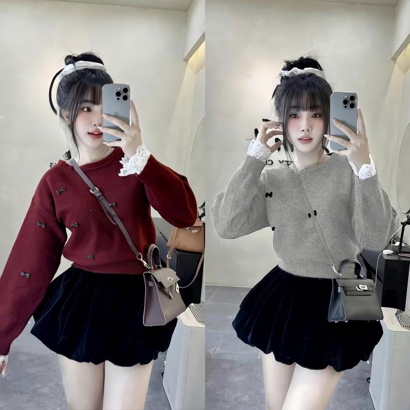 Set đồ nữ áo tăm tay dài phối ren đính nơ kèm chân váy bí nhung 2 lớp sang chảnh phù hợp cho các nàng vào dịp tết Women Top