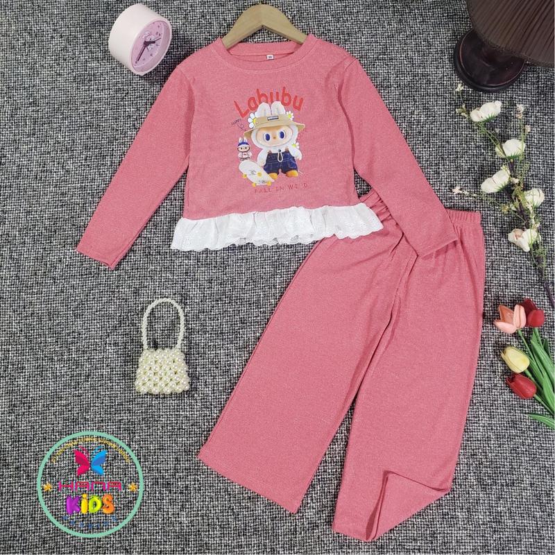 (8-30 kg) sét bộ vải tăm lông thỏ phối bèo ren quần dài áo tay dài in hình lababu,thích hợp mùa thu đông ,bộ bé gái chất thun tăm cao cấp hanakids set đồ Cho Bé