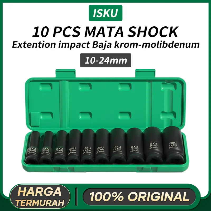 【ISKU】Socket Extention Impact 10pcs Bahan Cr-Mo Panjang Mata Sock Impact 1/2‘’ 6pt 10-24mm Kunci Mata Shock Impact 0