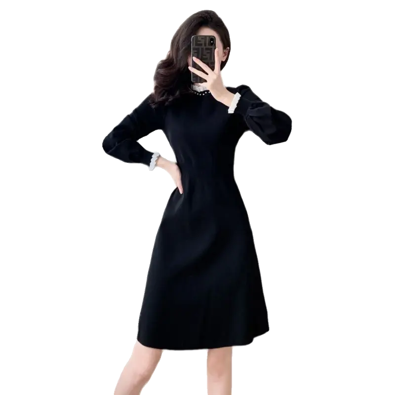Váy Dệt Kim, Phong Cách Hepburn, Váy Đen Nhỏ Dành Cho Nữ, Thích Hợp Cho Mùa Thu Và Mùa Đông, Váy Len Mặc Trong Cao Cấp, Váy Len Mặc Trong Mỏng Women Dress Khuy Cổ Tròn 4
