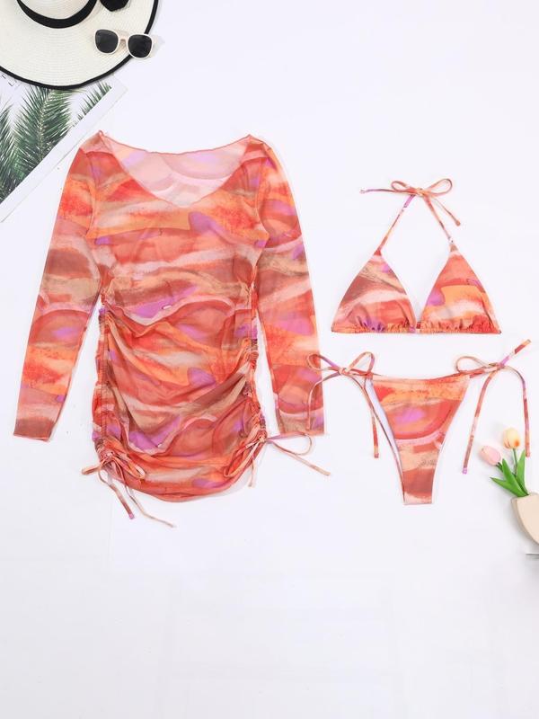 Plus Size Three-Piece Set All Over Print Three-piece Set, Halter Bikini Top & Drawstring Cover Up Dess & Tie Side Bikini Bottom Set, Women's Swimsuit for Summer Vacation 4