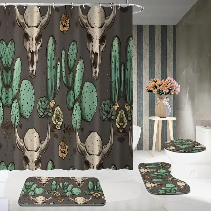 Cactus Skull Pattern Bathroom Set, 1 Shower Curtain with 12 Hooks, 1 Bath Mat, 1 U-shaped Rug, 1 Toilet Lid Cover, Bathroom Decor Supplies 3