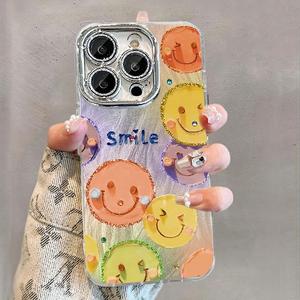 Bling Cute Emoji Phone Case for iPhone 15 14 13 12 11 Pro Max Case Oil Painting Smiley Face Glitter Shockproof Cover Case with Full Camera Lens Protection