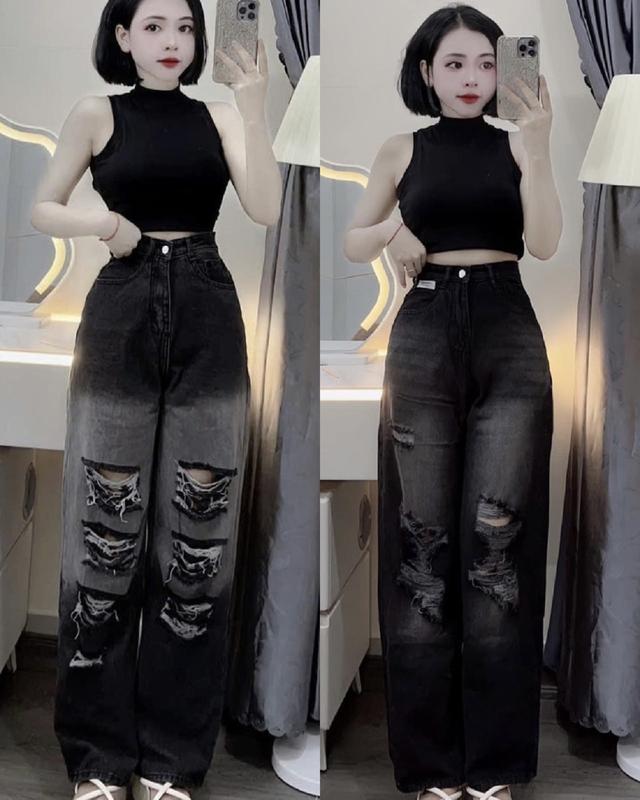 Quần xuông rách 2 bên mài cạp siêu cao, phong cách trẻ trung, cá tính, siêu hách dáng Nữ Jean Women Pants thông thường xành điệu có thể giặt máy modest quần s quanongsuong quan boong quần bò