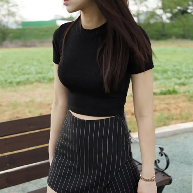 Women's Casual Solid Round Collar Short Sleeve Short T-Shirts Tees Crop Tops