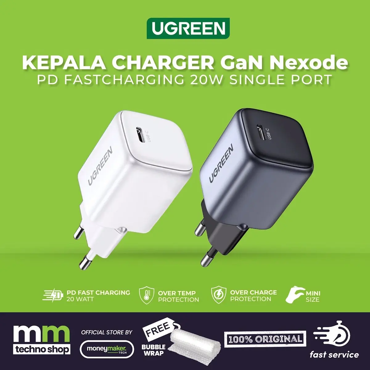UGREEN Adaptor Charger GAN Nexode Series Fast Charging 20w 30w Kabel White