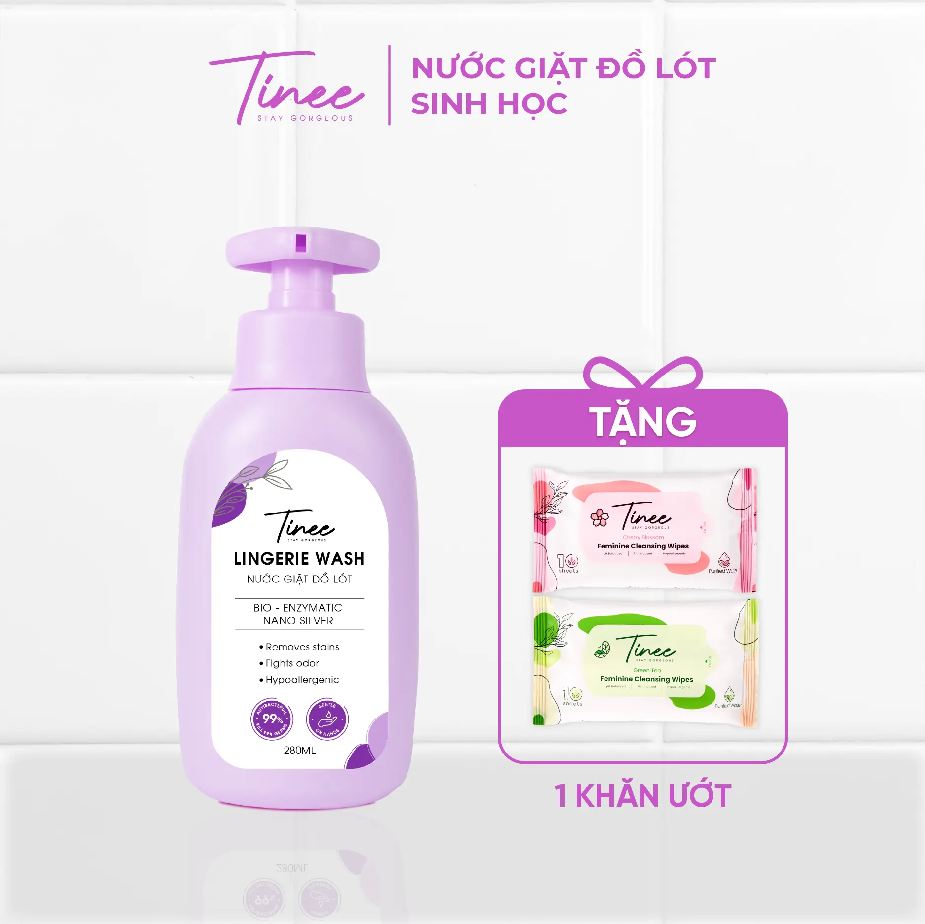 [MUA 1 TẶNG 1] Mua 1 Nước Giặt Đồ Lót Sinh Học Chai Tím (280ml/chai) Hạn Chế Nấm Khuẩn Và Làm Sạch + Tặng 1 Khăn Ướt Vệ Sinh Phụ Nữ Ngẫu Nhiên (10tờ/1gói)