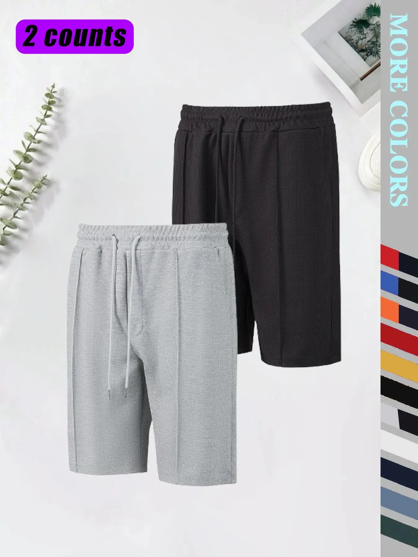 Men's Solid Wafer Jacquard Waistband Shorts, Casual Loose Pocket Shorts for Summer, Men's Bottoms for Daily Wear