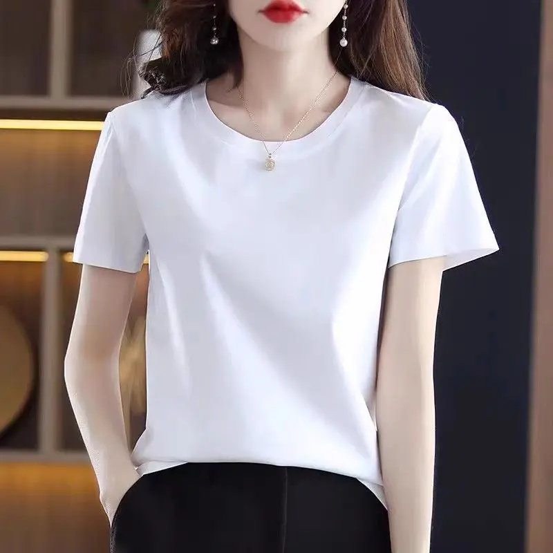 100% Pure Cotton New Cool T-Shirt For Women 2024 Solid Color Top Round Neck Women's T-Shirt
