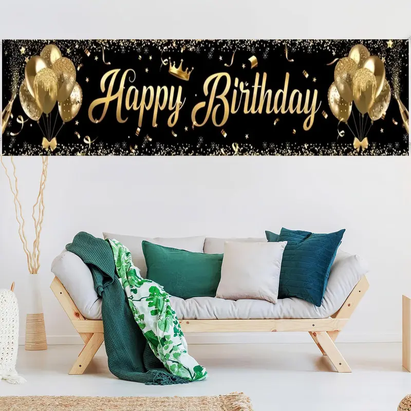 Happy Birthday Background, 1 Count Glitter Balloon & Crown Pattern Double Sided Birthday Banner, Birthday Party Decoration Supplies, Ornaments 2