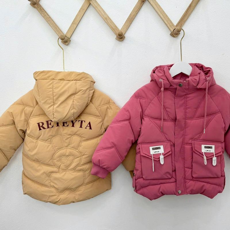  Áo phao dài tay cho bé gái từ 14-38kg chất nhung lì dày ấm áo 3 lớp bên trong có lót lông mũ tháo rời và có dây rút 