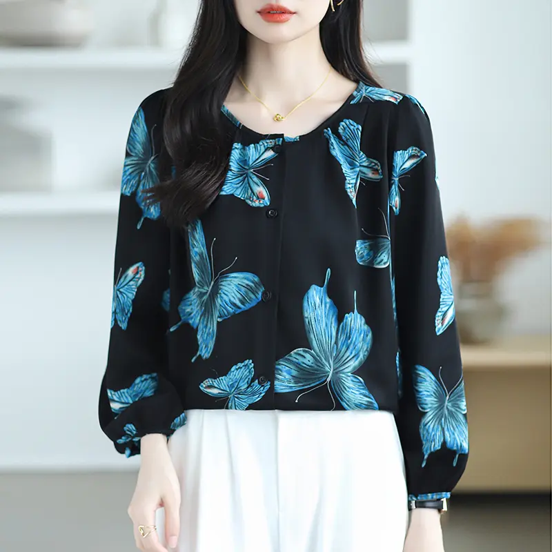 Áo Voan Cổ Tròn, Dành Cho Nữ, In Hình Bướm, Phong Cách Hồi Giáo, Áo Dài Tay, Hàng Mới Về 5